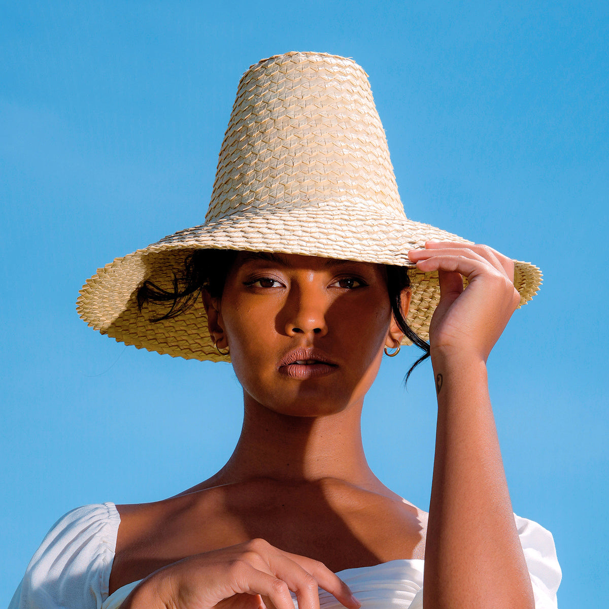 Nona Striped Bucket Palm Straw Hat, in Black and Natural Small (21.2)