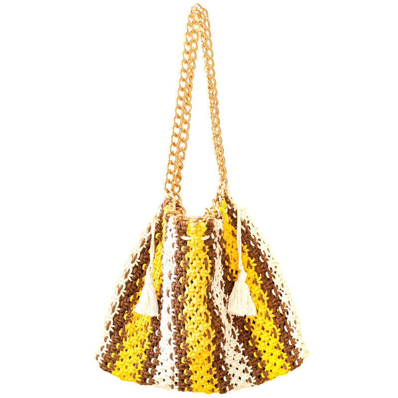 Handmade Artisanal Colette Striped Macrame Crochet Bag for a perfect Beach Vacation, Net Bag, Mesh Bag, Market Bag, Resort bag  and Poolside Bag In Yellow, White, and Brown