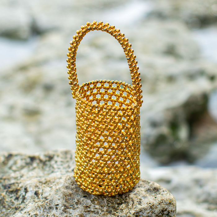 Gold Metallic Hand-Beaded Bucket Beach and Vacation Bag for A Perfect Pool and Summer Party
