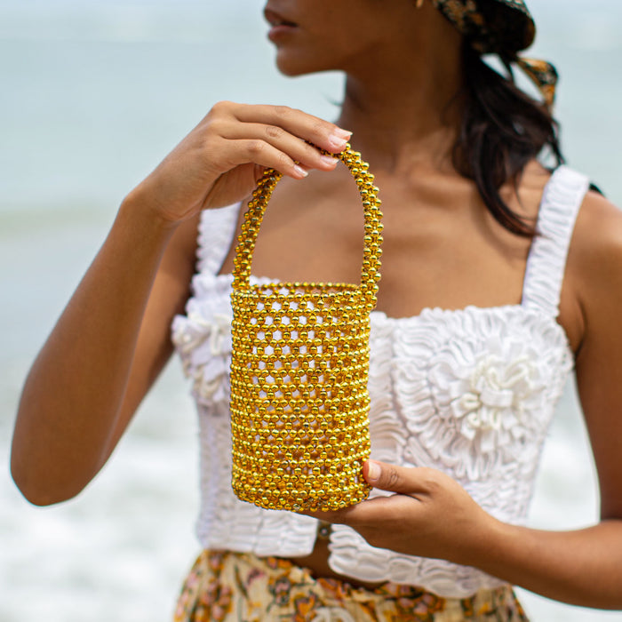 Gold Metallic Hand-Beaded Bucket Beach and Vacation Bag for A Perfect Pool and Summer Party