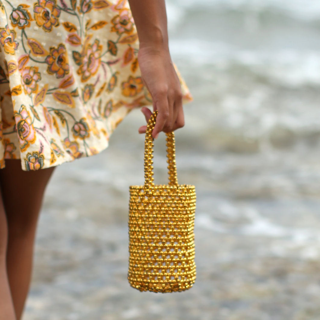 Gorgeous burlap artisanal online bucket bag with beads