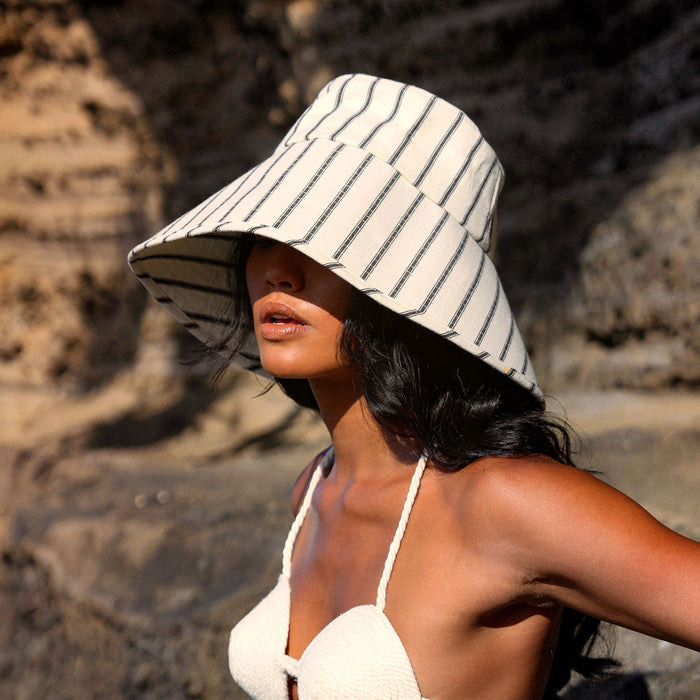 Artisanal Luxurious Dome-down Wide Brim Sun Hat Made from Traditional Lurik Farbric from East Java, Beach and Vacation Hat in Black And White Color