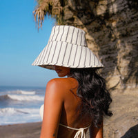 Artisanal Luxurious Dome-down Wide Brim Sun Hat Made from Traditional Lurik Farbric from East Java, Beach and Vacation Hat in Black And White Color