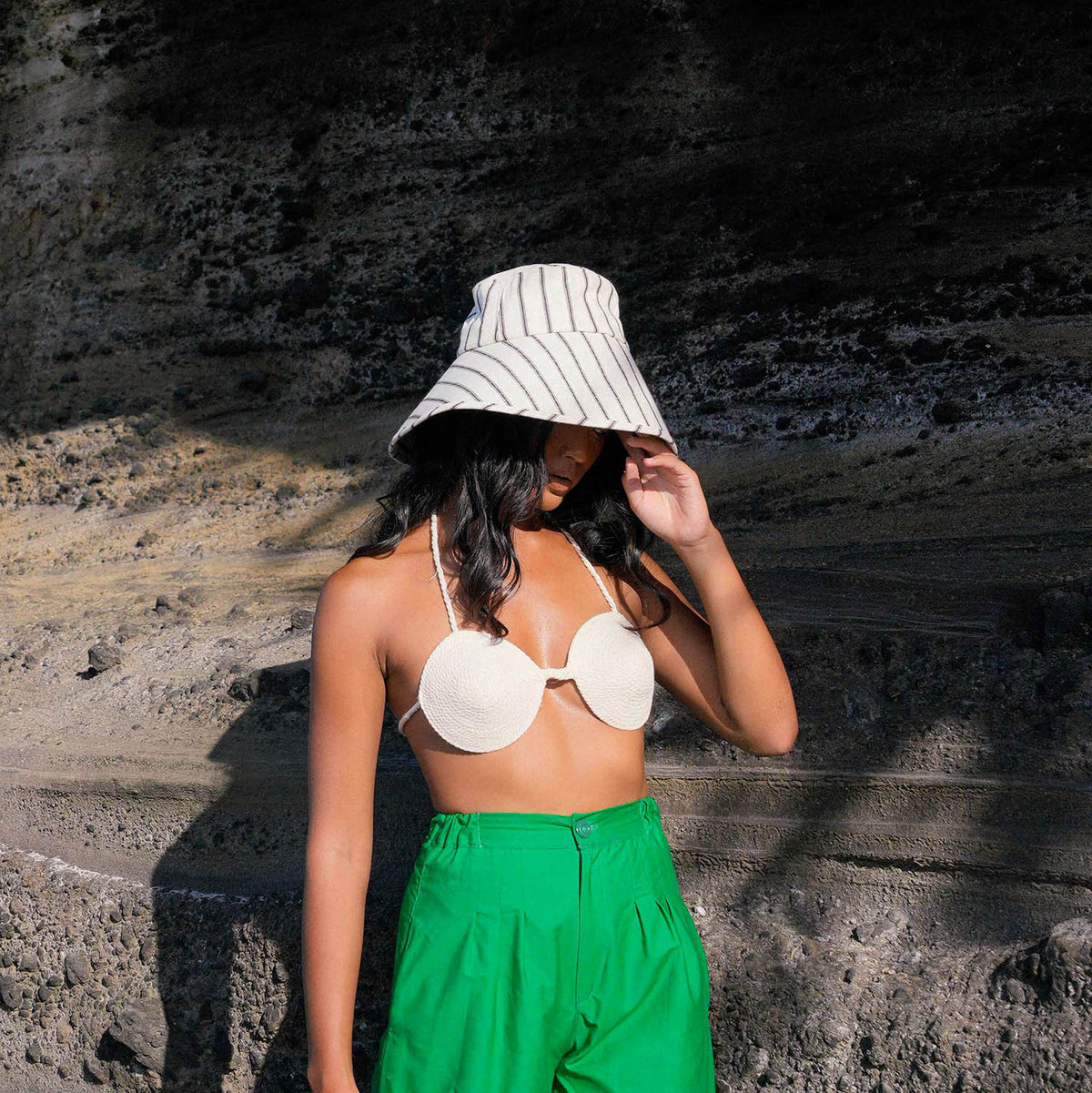 Artisanal Luxurious Dome-down Wide Brim Sun Hat Made from Traditional Lurik Farbric from East Java, Beach and Vacation Hat in Black And White Color