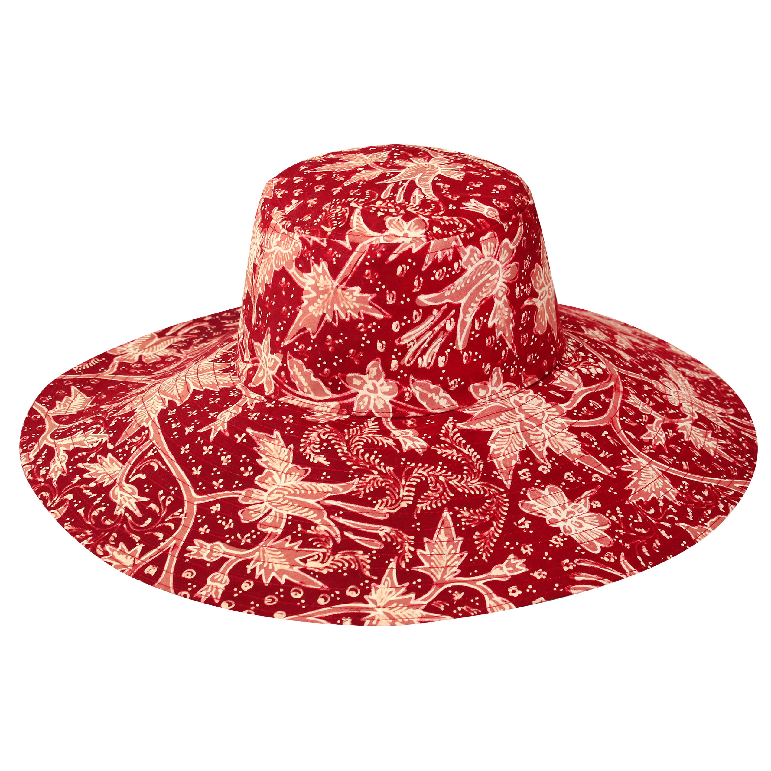 Kusuma Batik Wide Brim Hat in Maroon Red Small 21.5