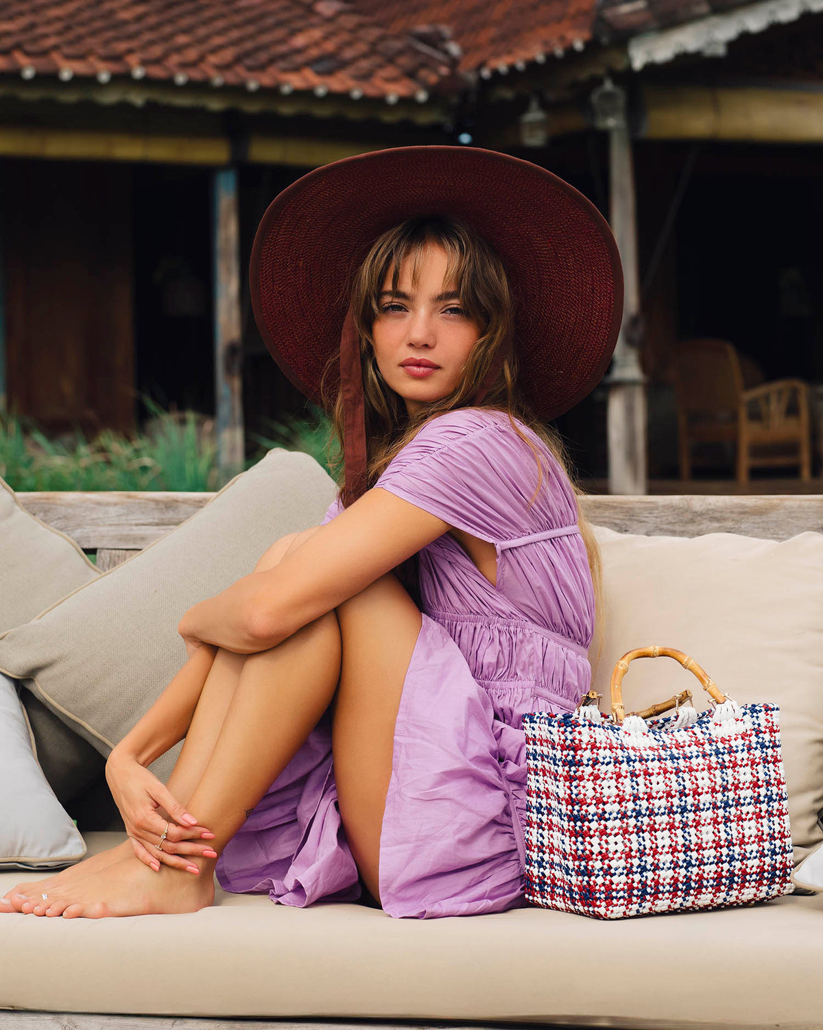 LOLO Wide-brim Jute Boater Hat in Burgundy