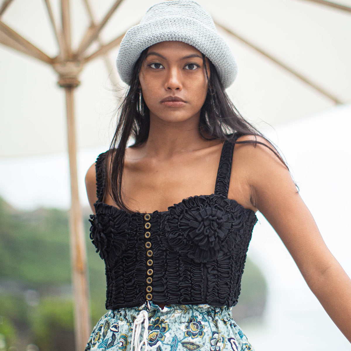 MARIGOLD Hand-embroidered Ribbon Bustier Top In Black