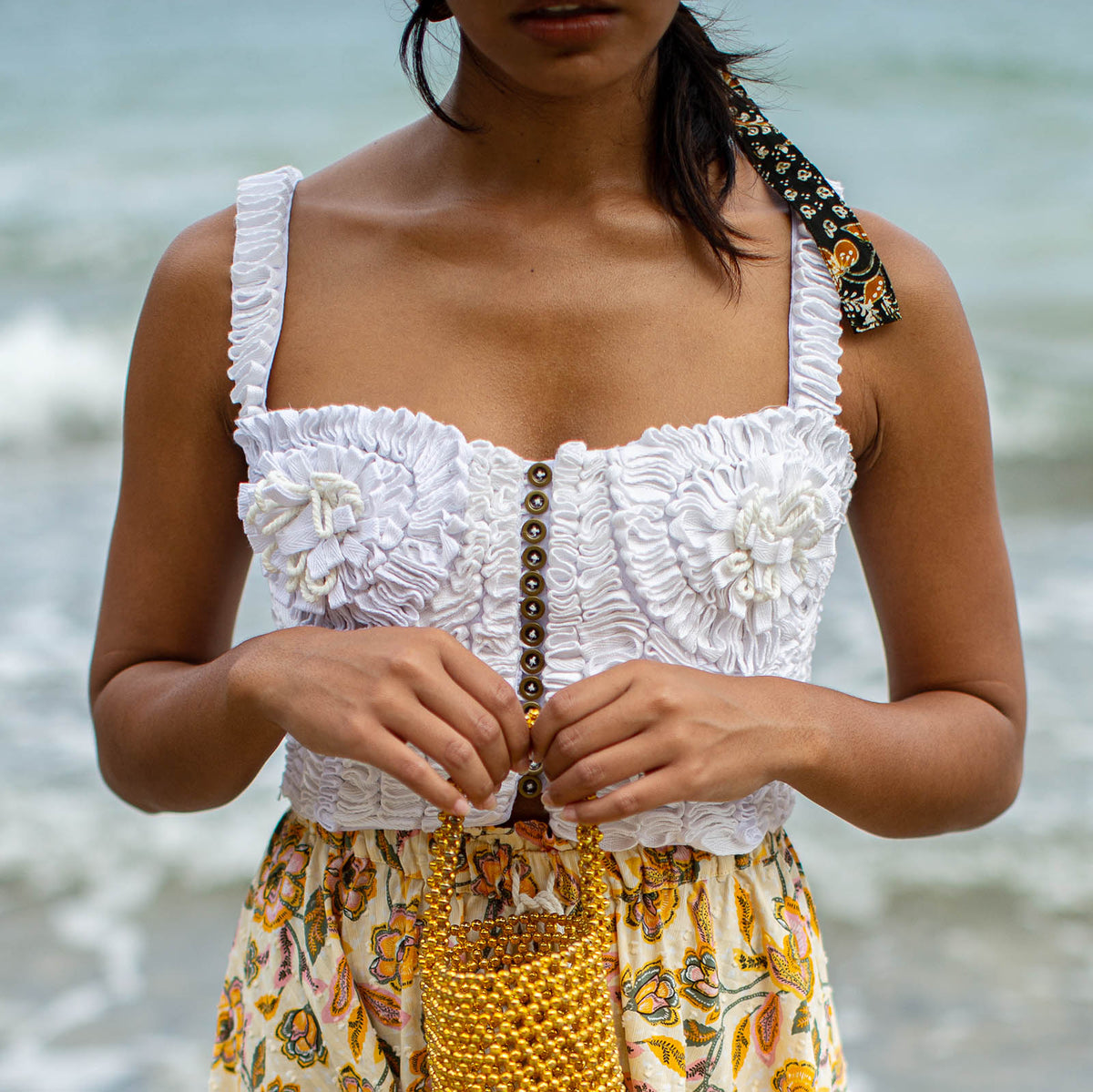 Marigold Hand embroidered bralette beach top taylor swift style superbowl crop tank top in white