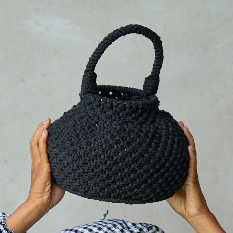 Artisanal handmade Naga Macrame Crochet Rope Bucket Bag for Beach, Vacation, Picnic, Pool day, Cocktail Party with Top Handle in Black Handmade In Bali