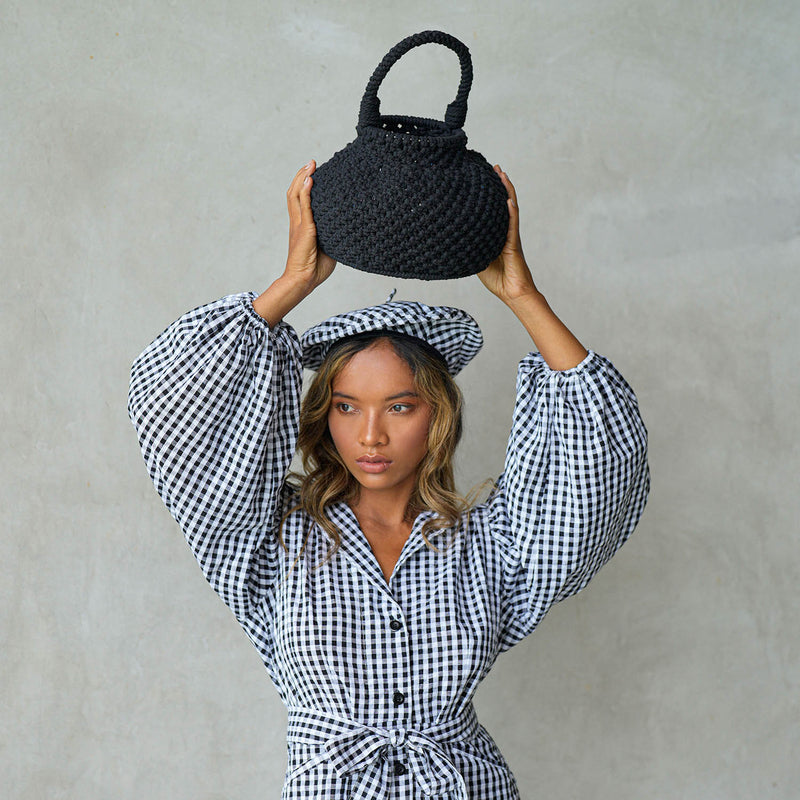 Artisanal handmade Naga Macrame Crochet Rope Bucket Bag for Beach, Vacation, Picnic, Pool day, Cocktail Party with Top Handle in Black Handmade In Bali