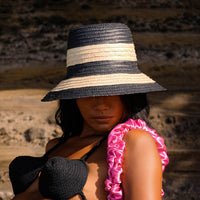 NONA Striped Bucket Palm Straw Hat, in Black and Natural