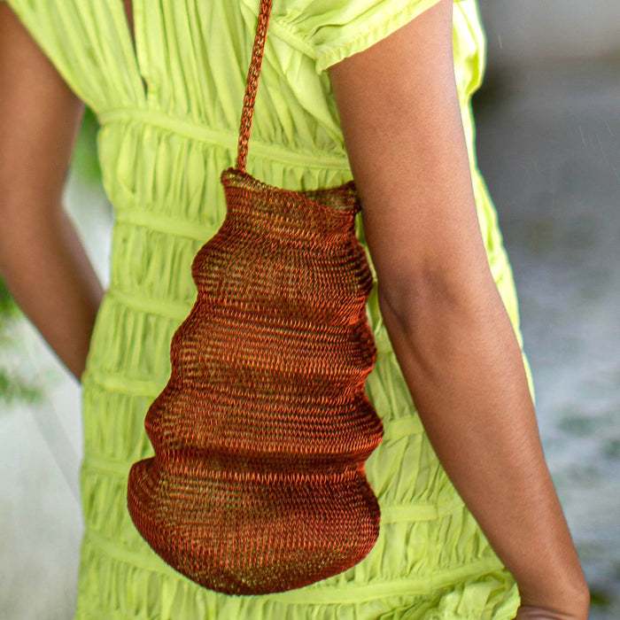 Sustainable Circularity Eco Friendly Artisanal Red Copper Wire Tote Bag for Beach, Vacation and Summer Pool Party. Handmade by wire artist in Bali.