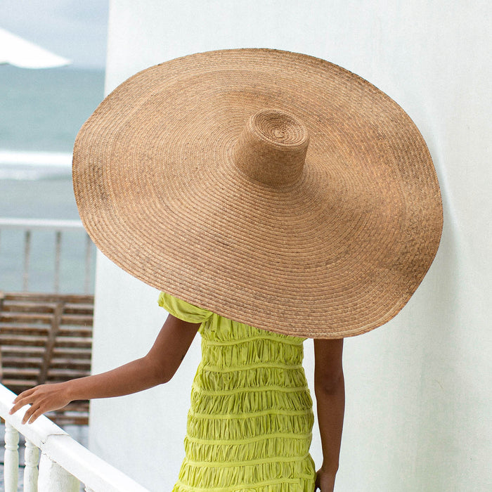 SOLANA Oversized Wide-brim Straw Beach, Pool and Vacation Hat In Toasted Beige Styled With Lime Green Srikandi Ruffled Dress