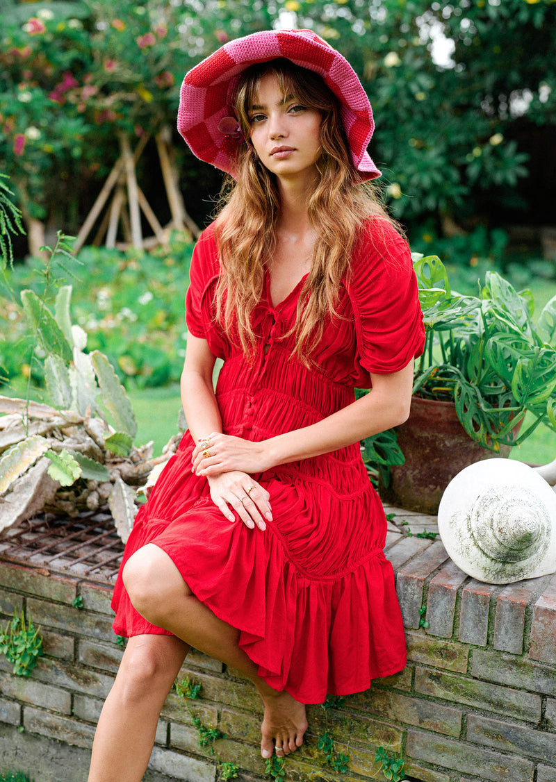 SRIKANDI Ruffle Mini Dress In Scarlet Red