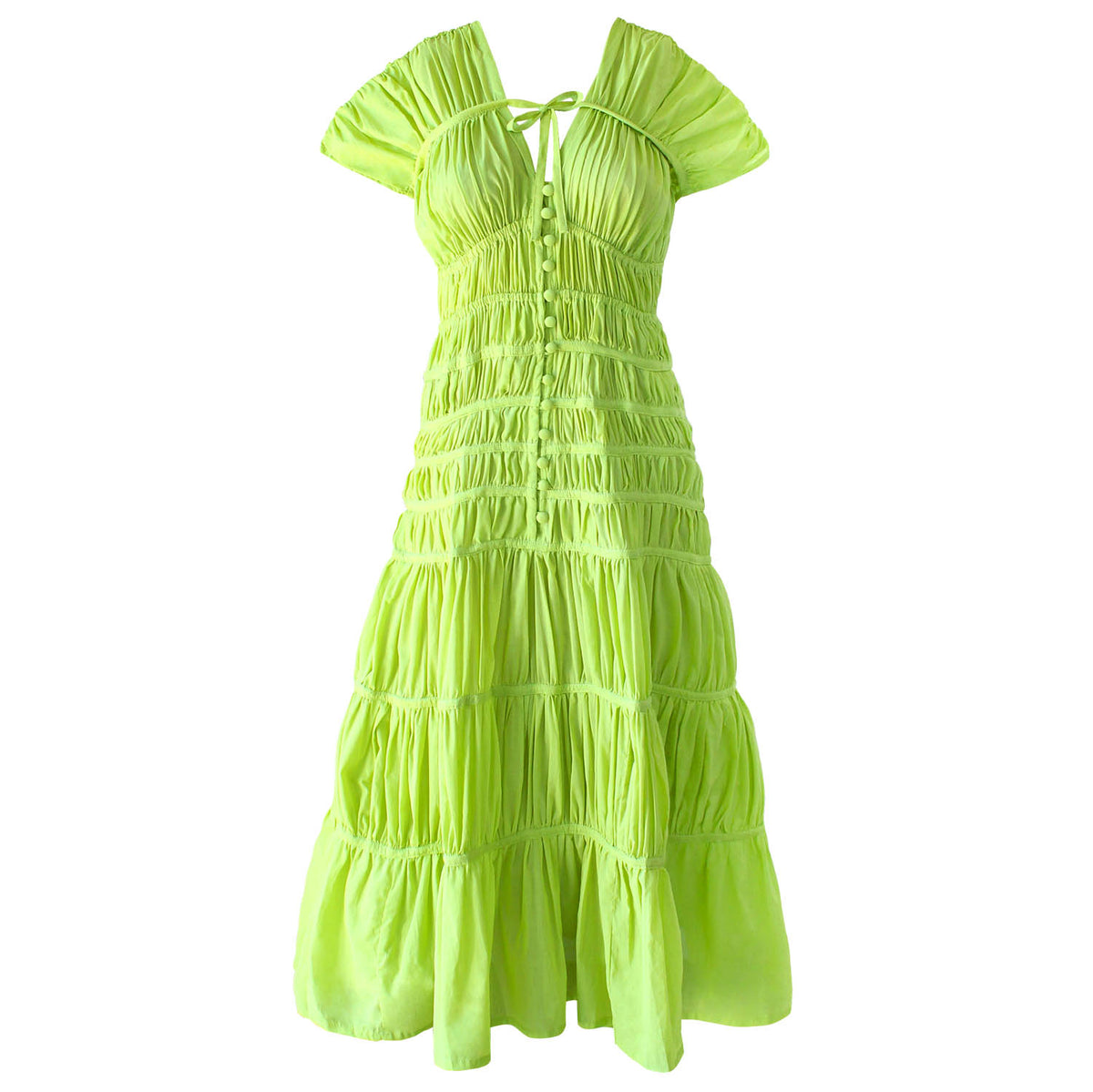 A women wearing elegant long dress by BrunnaCo called SRIKANDI Ruffle Maxi Dress In Lime Green