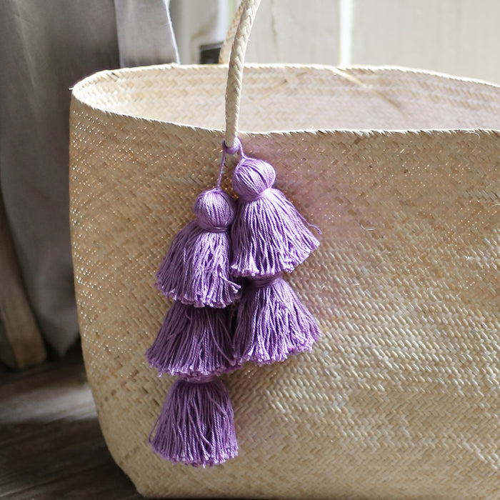 Sac fourre-tout en paille Borneo Sani - avec pompons violets