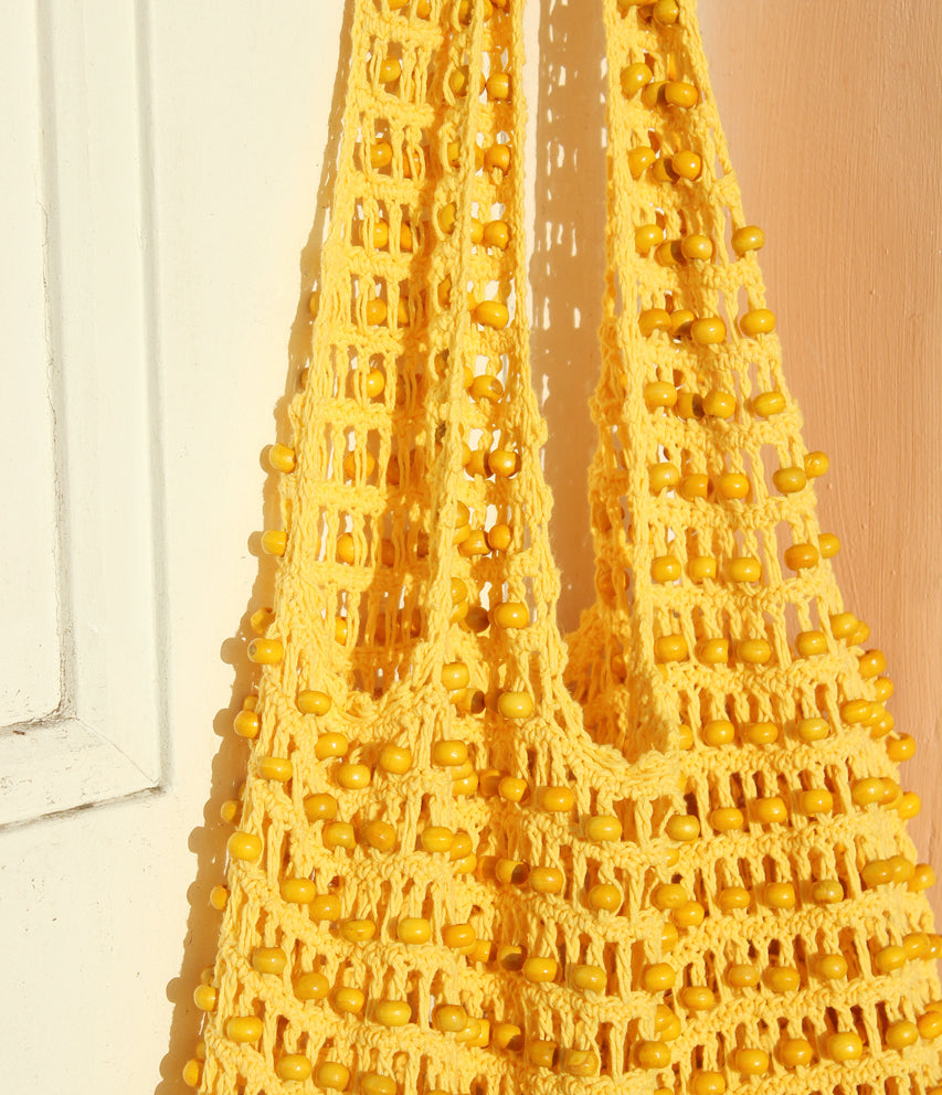 Kama Wooden Beads Crochet Bag Macrame Bag in Pale Yellow - 6