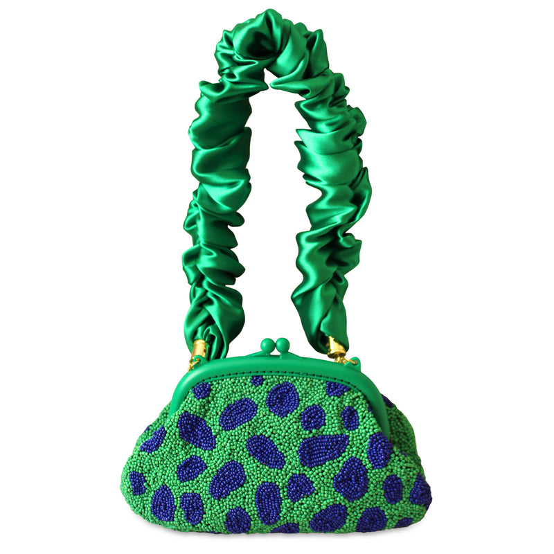 Arnoldi Jade Beaded Clutch in polka dot green with ruffle satin handle, holiday gifts