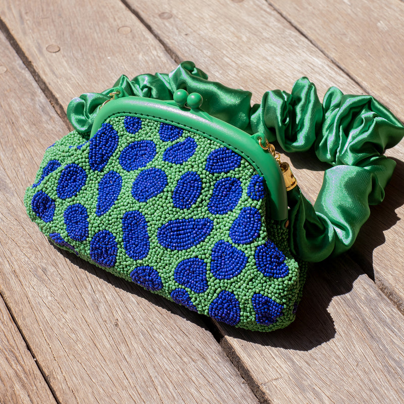 Arnoldi Jade Beaded Clutch in polka dot green with ruffle satin handle, holiday gifts