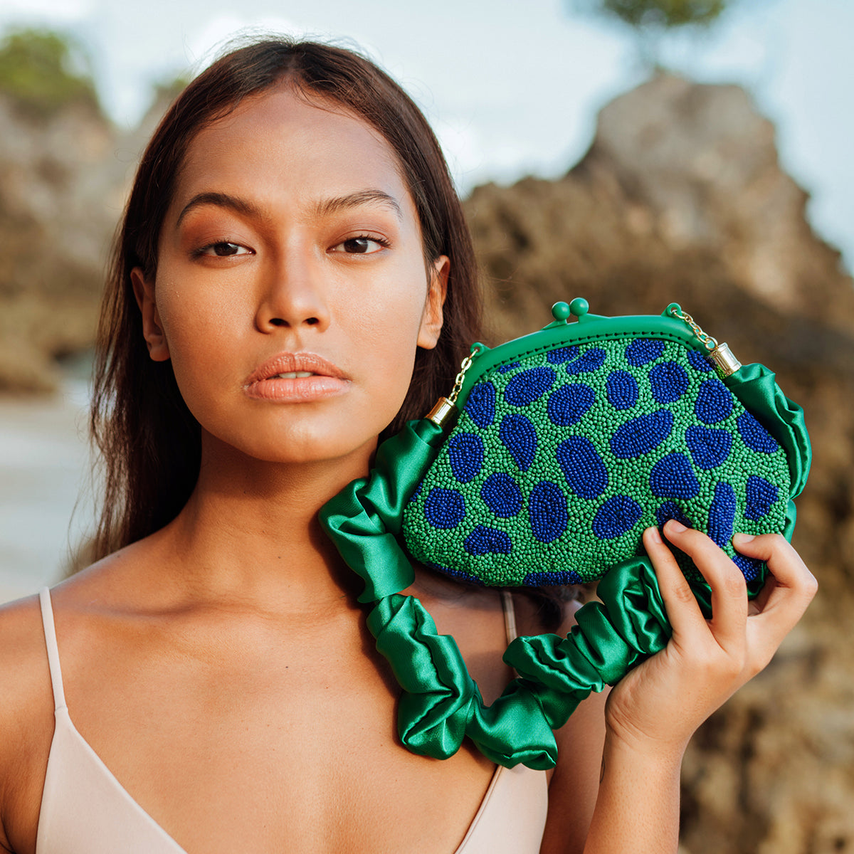 Arnoldi Jade Beaded Clutch in polka dot green with ruffle satin handle, holiday gifts