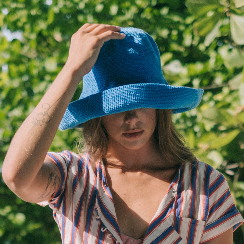 Artisanal Hand-crocheted Bloom Hat in Mosaic Blue for Summer vacation, Beach hat and Pool Hat with Wide-brim, packable and foldable