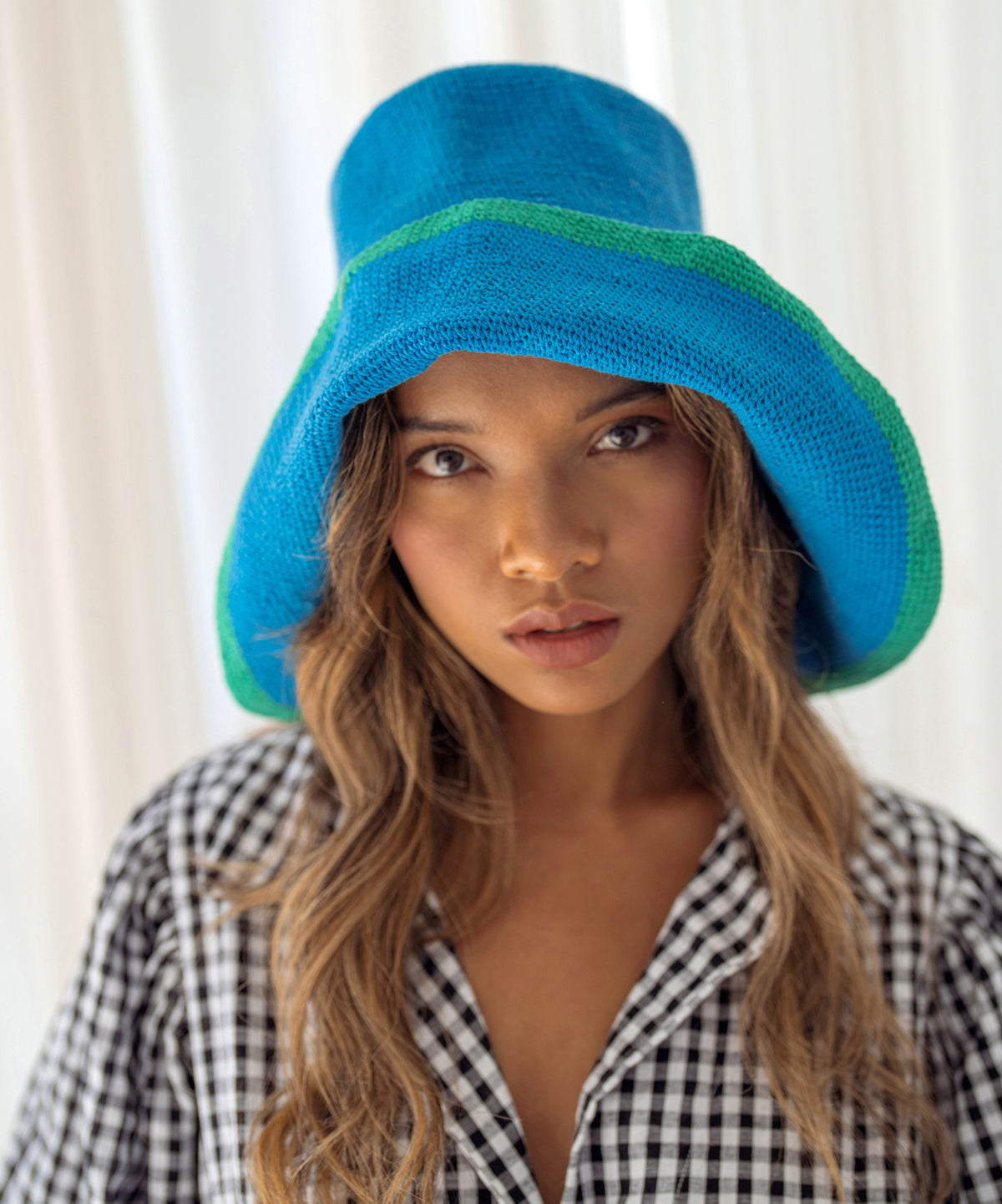 Handcrochet Floppy Packable Bloom Line Wide-brim Beach, Vacation and Pool Hat In Mosaic Blue and Green