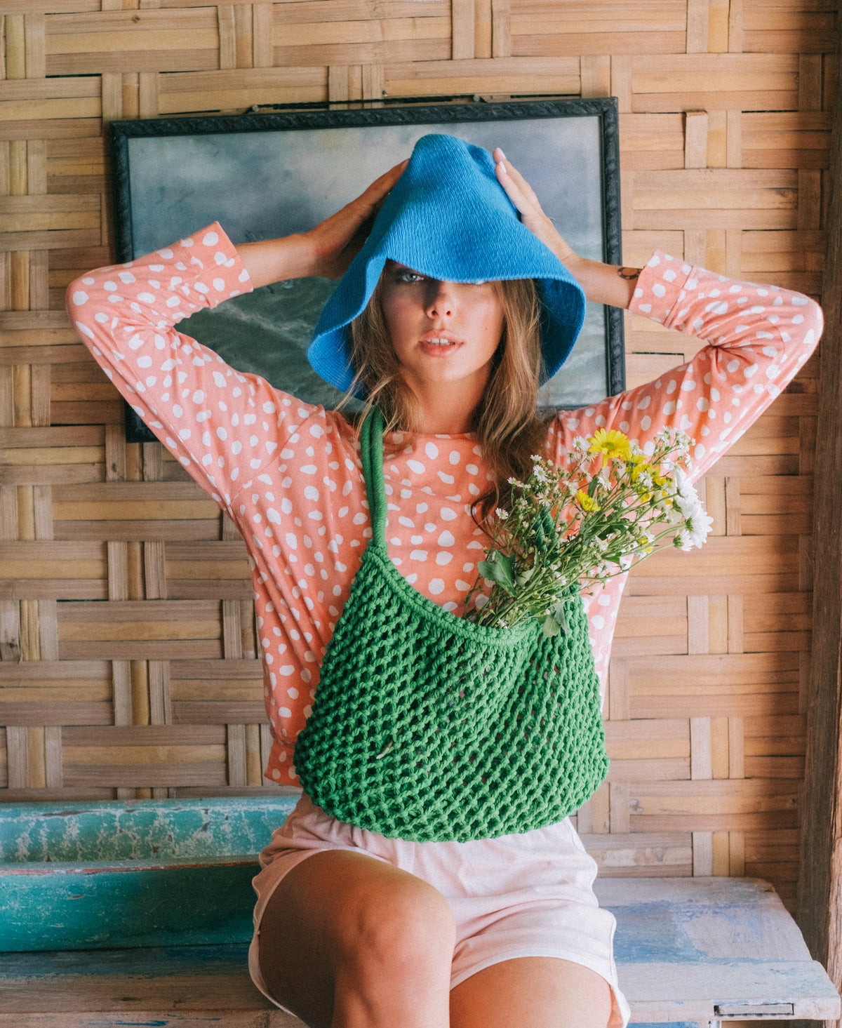 Artisanal Hand-crocheted Bloom Hat in Mosaic Blue for Summer vacation, Beach hat and Pool Hat with Wide-brim, packable and foldable