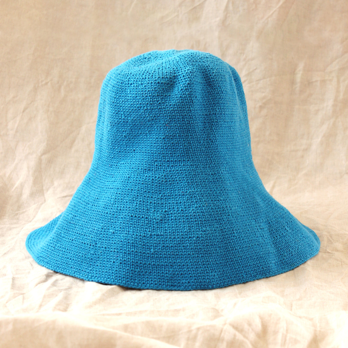 Artisanal Hand-crocheted Bloom Hat in Mosaic Blue for Summer vacation, Beach hat and Pool Hat with Wide-brim, packable and foldable