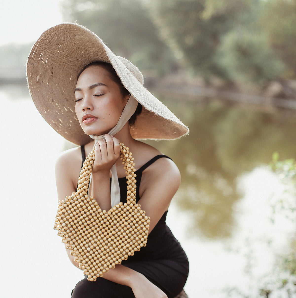 Hati Heart Beaded Wooden Bag in Nude Beige