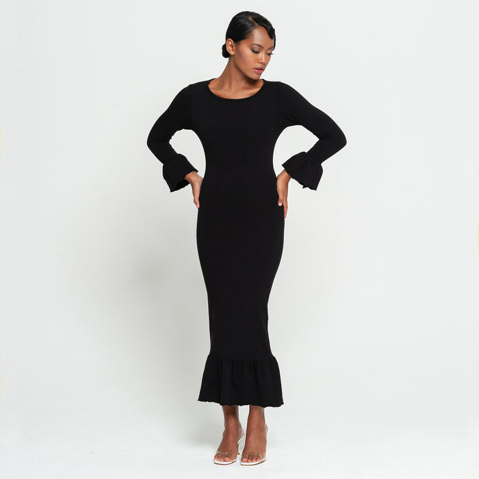 MARJORIE Bamboo Ruffle Dress, in Black