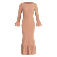 MARJORIE Ruffle Rib Dress, in Camel Brown