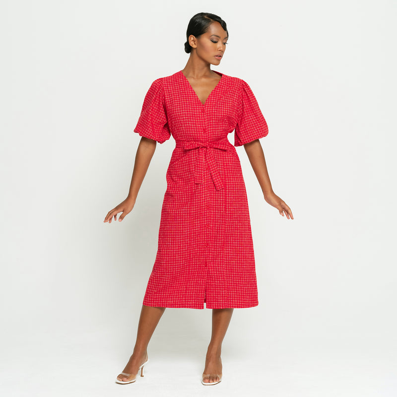 Robe midi MEGHAN Gingham Chanvre, en rouge écarlate