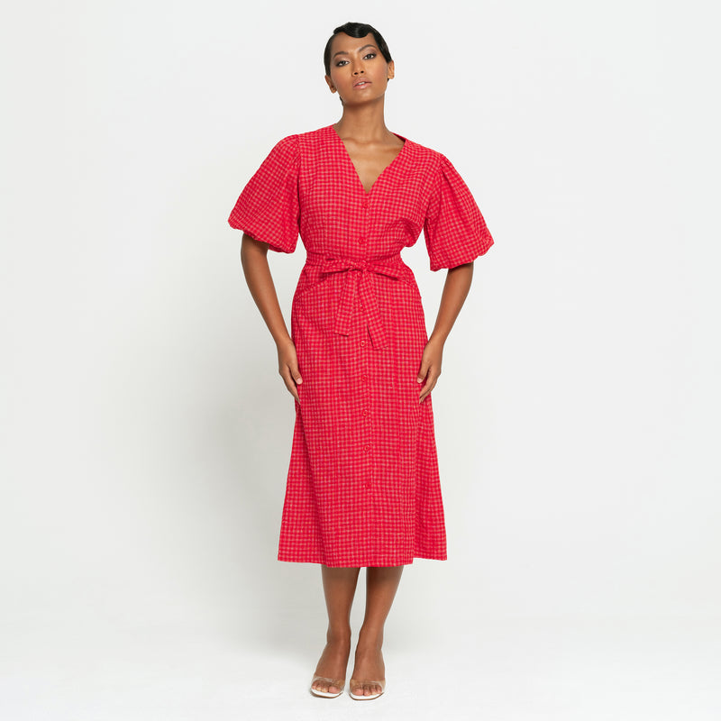 Robe midi MEGHAN Gingham Chanvre, en rouge écarlate