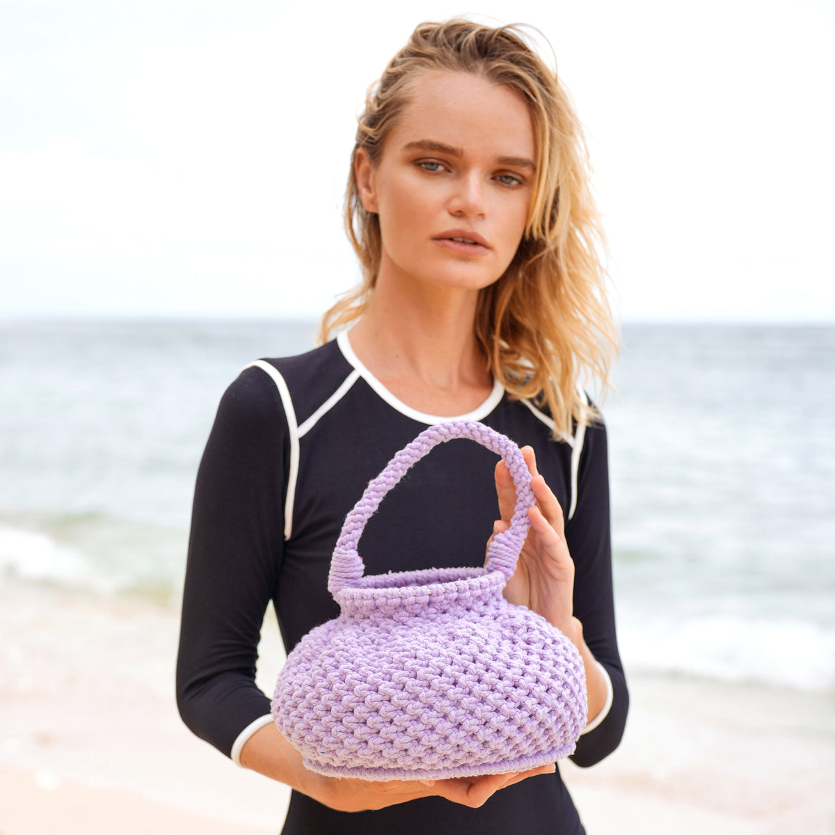 Naga Macrame Crochet Bucket Beach Bag in Purple