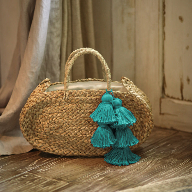 Oval Luna Straw Tote Beach Bag with Cerulean Blue Tassels