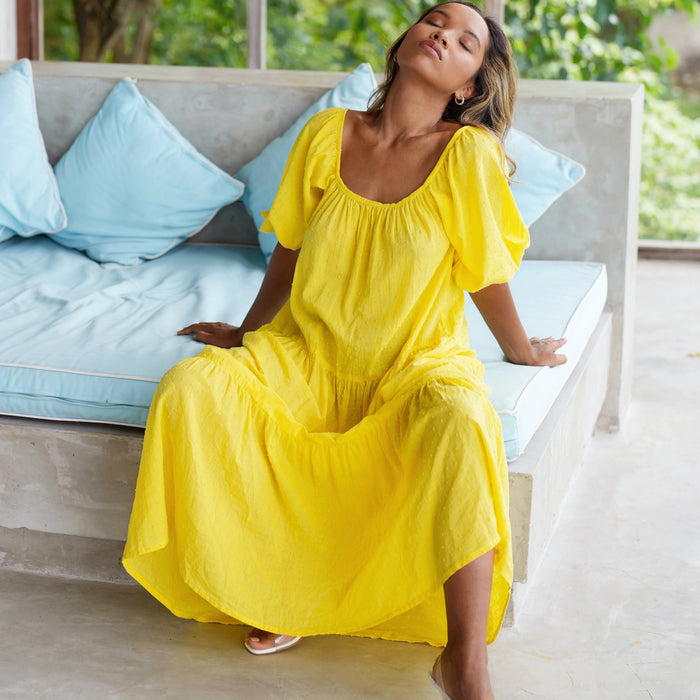 ROSEMARY Dotted Cotton Dress, in Sunflower Yellow