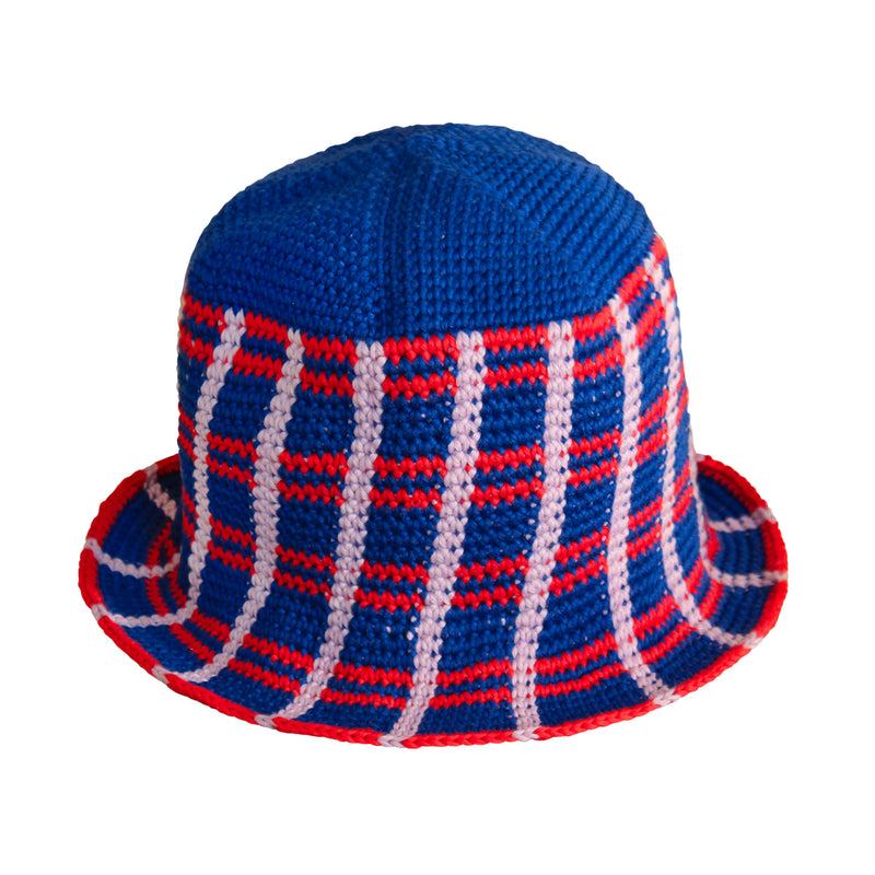 Sorority Plaid Crochet Hat. Hand-crocheted by female artisans in Java, Indonesia, SORORITY plaid crochet hat is a reminder of the beautiful feeling of being outdoors. Its fresh blue and energetic red color invites us to celebrate the seasons in the sun.