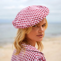 Artisanal Simone French Beret Hat In Summer Gingham Plaid Motif In Red Color for Vacation, Resort Trip, beach party, French Olympic Travel, Pool Party