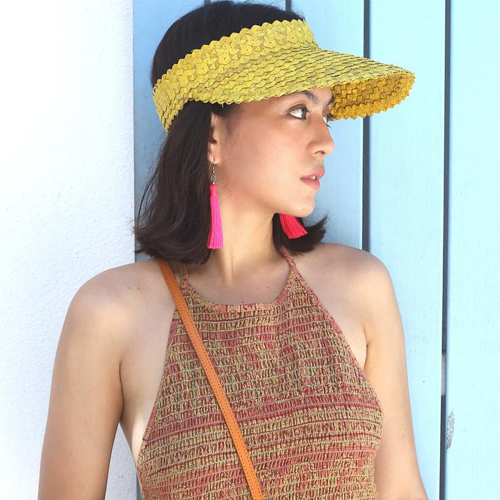 Artisanal handmade Palm Visor Hat in Lemon Butter Yellow color for Beach Hat, Vacation Hat, Summer Hat, Poolside Hat