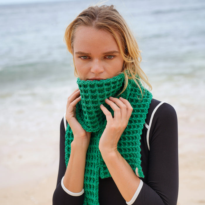 Waffle Cotton Crochet Scarf in Kelly Green, Holiday Gift