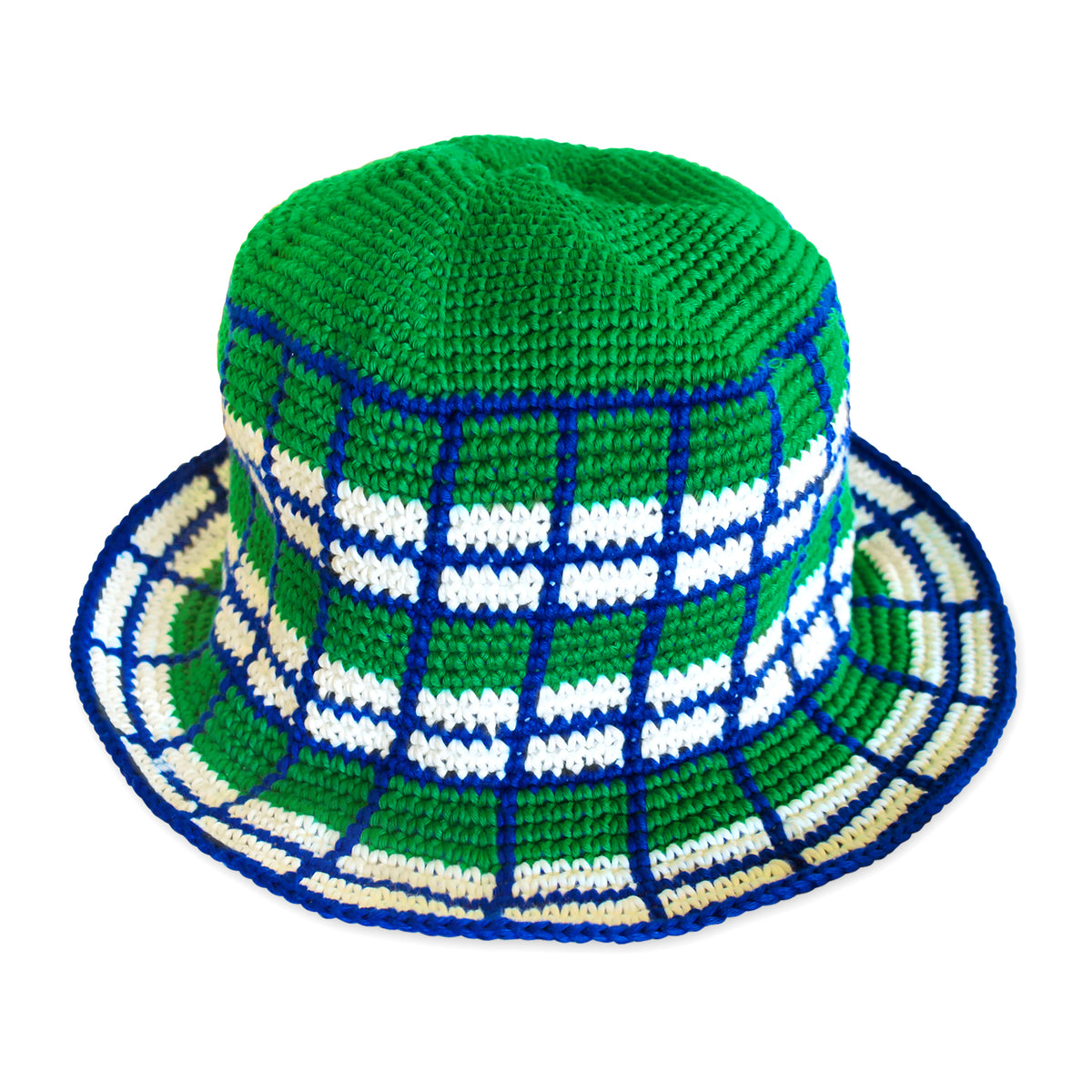 Wimbledon Plaid Crochet Knitted Beach Summer Hat in Blue and green